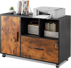 Office File Cabinet w/ Lock, 1-Drawer Wood Lateral Filing Cabinet on Wheels - Picture 1 of 10