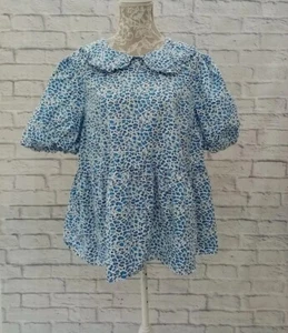 Simply Be Top Size 20 Blue White Collar Puff Sleeves Frill Hem Cropped Cotton - Picture 1 of 16