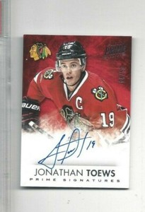 2013-14 Panini Prime hockey card Jonathan Toews signed Chicago Blackhawks 04/50