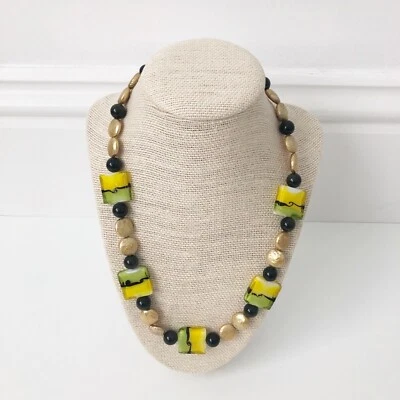 NWT Genuine Murano Glass, Pearls & Black Onyx Beaded Necklace Green Yellow Gold - Image 1 of 4