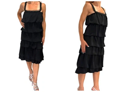  Lanvin Paris Black Silk Tiered Ruffle Rhinestone Shoulder Tank Dress 36 2 - Image 1 of 4
