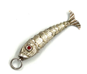 Large Solid Silver Articulated Fish Pendant Ruby Eyes Chinese Antique Hand Made - Picture 1 of 8