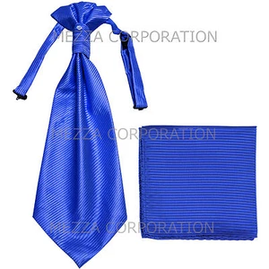 New 100% Polyester Men's Horizontal Stripes Ascot Cravat Hankie Party Royal Blue - Picture 1 of 4