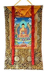 HAND PAINTED SHAKYAMUNI GAUTAMA BUDDHA TIBETAN THANGKA PAINTING WITH SILK BORDER