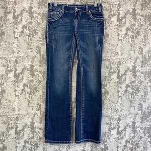 Rock & Roll Cowgirl Womens Jeans 27x34 Low Rise Bootcut Studs Bling Distressed - Picture 1 of 24