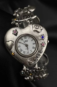 Vintage Jenny B JB Silver Tone Heart Cats Fish Charms Bracelet Stones Watch Cute - Picture 1 of 11