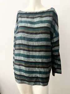 Eileen Fisher Boat Neck Organic Linen Teal Black Multi Stripe Top Size Medium - Picture 1 of 8