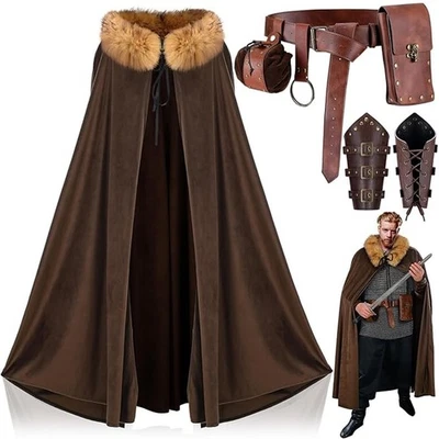 6 Pcs Halloween Men's Viking Costume Set Medieval Viking Fur Cape Cloak Renaissa - Image 1 of 4