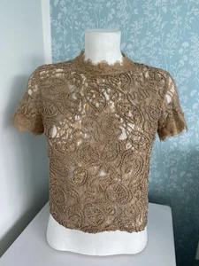 ZARA Nude Lace High Neck Short Sleeve Rear Zip Up Feminine Top Size S (8) - Picture 1 of 8
