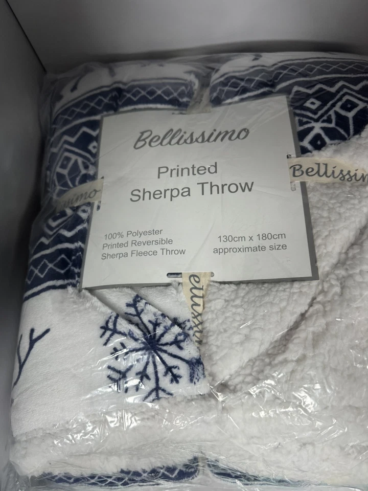 Bellissimo Blue And White Printed Sherpa Single Throw