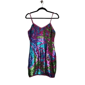 Vintage 80s 90s Silk Sequence Beaded Dress Mini Midi Prom Art Abstract All Over - Picture 1 of 9