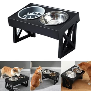 Raised Adjustable Pets Dogs Feeding Stand Stainless Steel Slow Bowls Dual Feeder - Picture 1 of 17