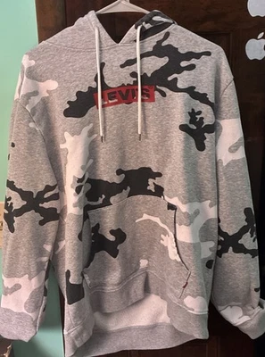 Levi's Camo Gray Black White Long Sleeve Pullover Hoodie Sweatshirt Mens L used - Image 1 of 4