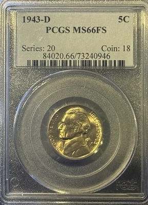1943-D Circulated Silver Alloy Jefferson Nickel 5c Coin PCGS Certified MS66FS - Image 1 of 2