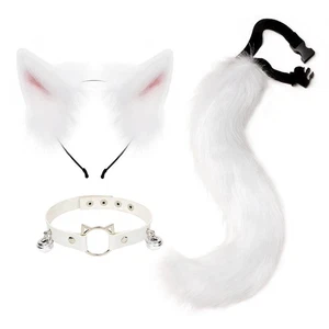 Pelziges Tier Katze Fuchsschwanz Kunstfell Wolf Ohr Stirnband Leder Hals Chocker Cos... - Bild 1 von 8