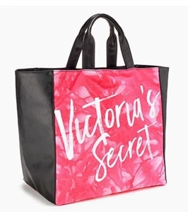 NEW VICTORIA'S SECRET PINK BLACK TOTE BEACH BAG PURSE LARGE SWIM HANDBAG CANVAS - Picture 1 of 4