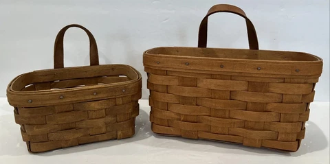 LONGABERGER Vintage Set 1988/86 Key Mail Wall Hanging Basket Lot Leather Handle Cover