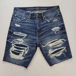 American Eagle Shorts Mens 31 Blue Denim Bermuda 9" Distressed Jean Dark Wash - Picture 1 of 9