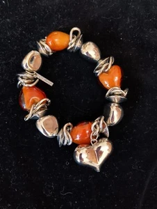 Silver coloured metal and amber glass beads - chunky stretch bracelet Jewelcity - Picture 1 of 4