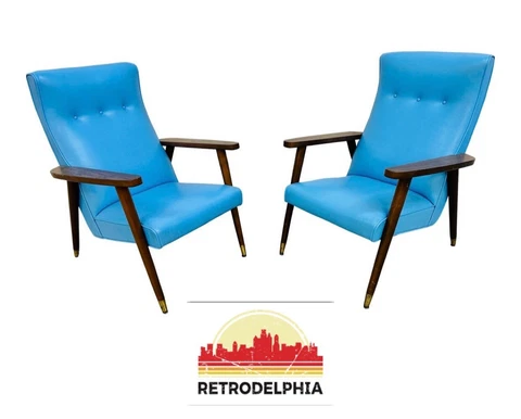 Mid-Century Modern Thonet Blue Vinyl Walnut Arm Chairs Cover