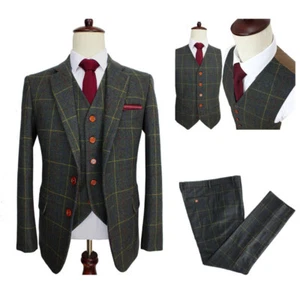 Men's Suit Army Green Plaid Tweed Vintage Check Prom Groom Tuxedo Wedding Custom - Picture 1 of 13