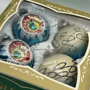 4 VINTAGE LANISSA Germany 3" MERCURY GLASS INDENT ORNAMENTS BALLS Glitter Blue - Picture 1 of 20