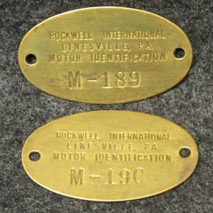 2 Rockwell International Linesville PA Motor ID Brass Tag Fobs M-189 M-190 2"  - Picture 1 of 2
