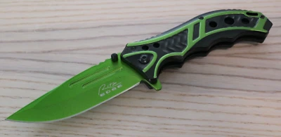 Green Pocket Knife Spring Assisted Black Self Defense Full Size High Visibility - Image 1 of 4