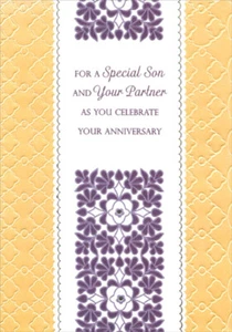 Purple Vines on White Silver Foil Accents Anniversary Card for Son and Partner - Picture 1 of 2