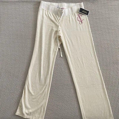 Vintage Juicy Couture Y2K Velour Track Pants Cream With Pink Rhinestone Lg NWT - Image 1 of 4