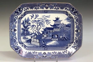 Antiguo plato octogonal de cerámica de sauce azul Staffordshire inglés - Imagen 1 de 7