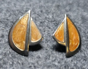 Vintage Modernist Geometrische Ohrringe Silberfarben Marmoriert Emaille Post Back - Bild 1 von 7