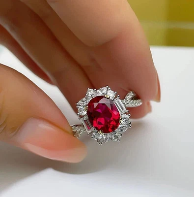 4.70 Ct Oval Natural Ruby Diamond Ring 14K Solid White Gold ALL Size - Image 1 of 4