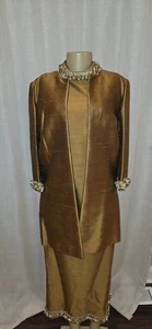Vintage 1960s Gino Rossi Roma USA Silk Shantung Beaded Dress & Jacket Set Gold  - Bild 1 von 6