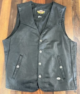 CHALECO DE MOTOCICLETA DE CUERO HARLEY DAVIDSON DE COLECCIÓN NEGRO BOTONES A PRESIÓN HECHO EN EE. UU. PARA HOMBRES L - Imagen 1 de 8