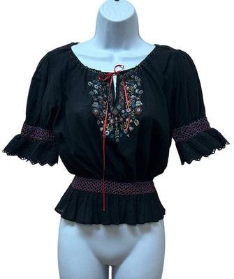 Blusa camponesa bordada húngara vintage algodão stretch peplum tamanho M - Imagem 1 de 4