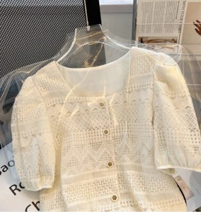 Small fragrance lace T-shirt short sleeve top square collar casual everything - Picture 1 of 17