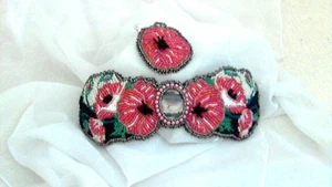 Desert Poppies HM Bead Embroidery Bracelet Matching Pendant - Picture 1 of 7