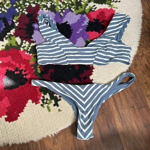 Vitamin A Blue & White Striped Wide Strap Bikini Swimsuit - Picture 1 of 6