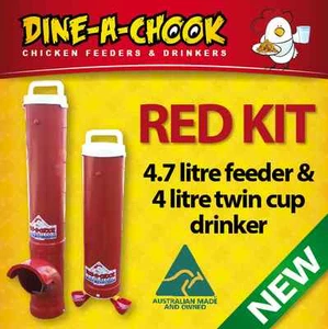 DINE-A-CHOOK RED/PINK / 4.7 Chicken Feeder & Drinker / Chook Waterer Twin Cup / - Picture 1 of 8