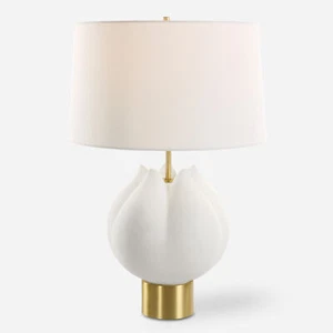 Elegant Flower Blossom Tulip Shaped Table Lamp 26 in White Porcelain Gold Brass - Picture 1 of 7