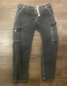 True Religion Pants Big T Cargo Pants Men 36x30 Black Contrast Stitch Drawstring - Picture 1 of 5
