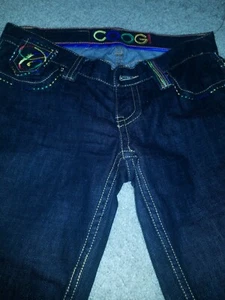 Coogi Sz 7/8 Women's Lowrise Studded Plaid Embellished Dark Denim Jeans - Picture 1 of 12