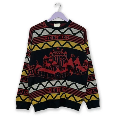 Maglione Vintage nero e rosso a girocollo a fantasia - Taglia L uomo - Immagine 1 di 4