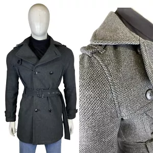 TOPMAN Cappotto Vintage Tweed Lana S Cintura Grigio Giacca Cappotto Crombie Mod - Foto 1 di 13