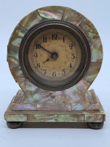 Antique Mother Of Pearl (MOP) Mini Mechanical Wind-Up Deco Mantel Shelf Clock Cover
