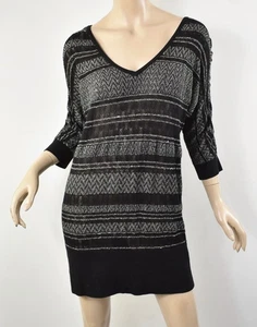 WHITE HOUSE BLACK MARKET Sheer Pointelle Knit Black/Silver Stripe Tunic M - Picture 1 of 4
