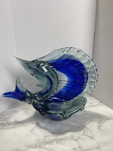 Vintage Hand Blown Murano Style Marlin Swordfish Glass Compote Bowl / Blue - Picture 1 of 14