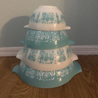 Vtg Pyrex Amish Butterprint Turquoise Blue White Set 4 Cinderella Nesting Bowls - Image 1 of 2