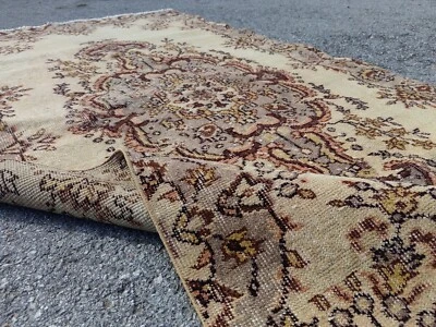 Vintage Oushak Rug 2.7x5 ft | Neutral Beige Medallion Area Carpet - Image 1 of 4